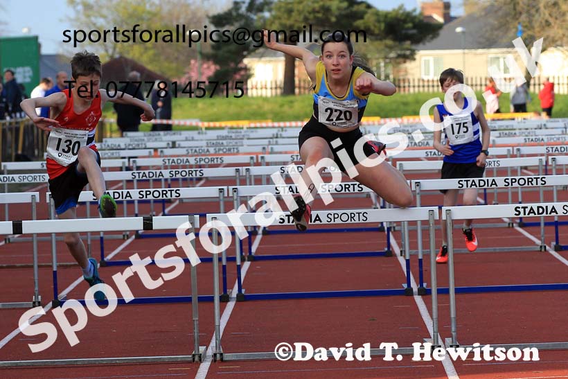 75 metres hurdles, 2022 NEGP No. 1,  Monkton Stadium, April 20th, on a very cold night. Photo: David T. Hewitson/Sports for All Pics